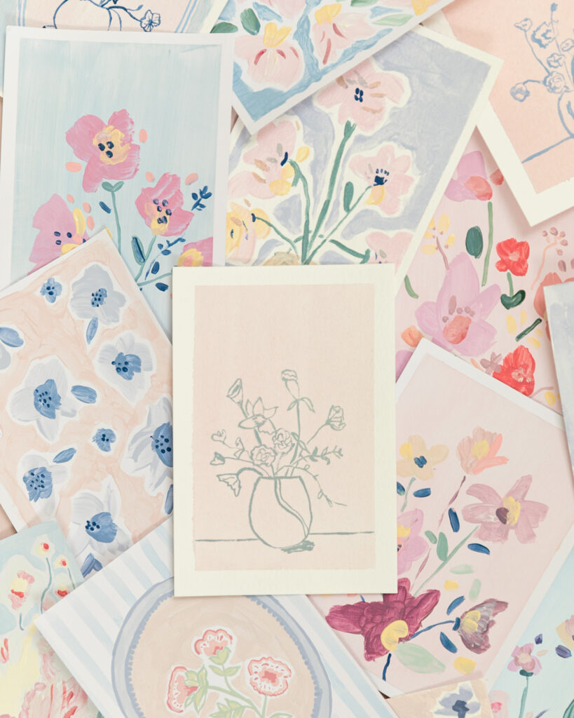 creative feminine pastel floral postcards created by maria marie cestmaria in a creative women's circle for snail mail